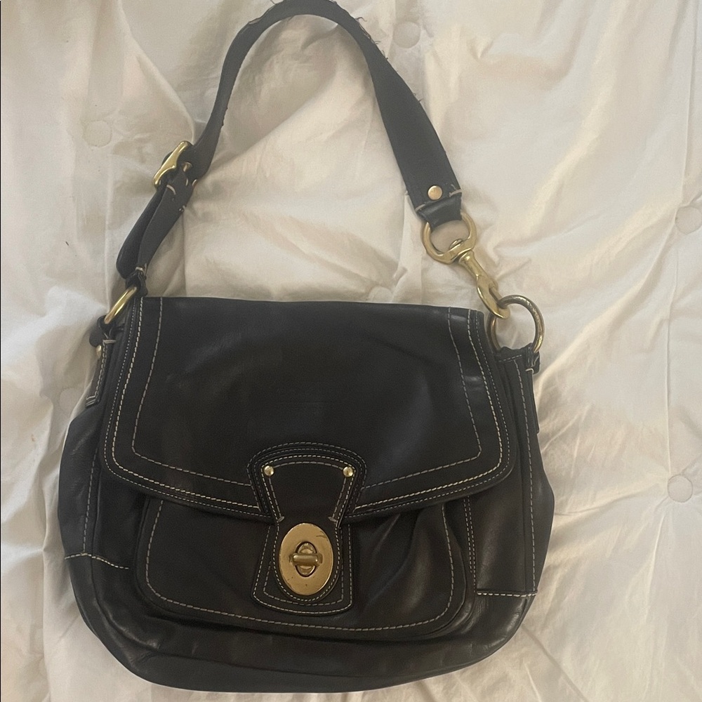 Coach Black Leather Shoulder Bag with Gold Hardware